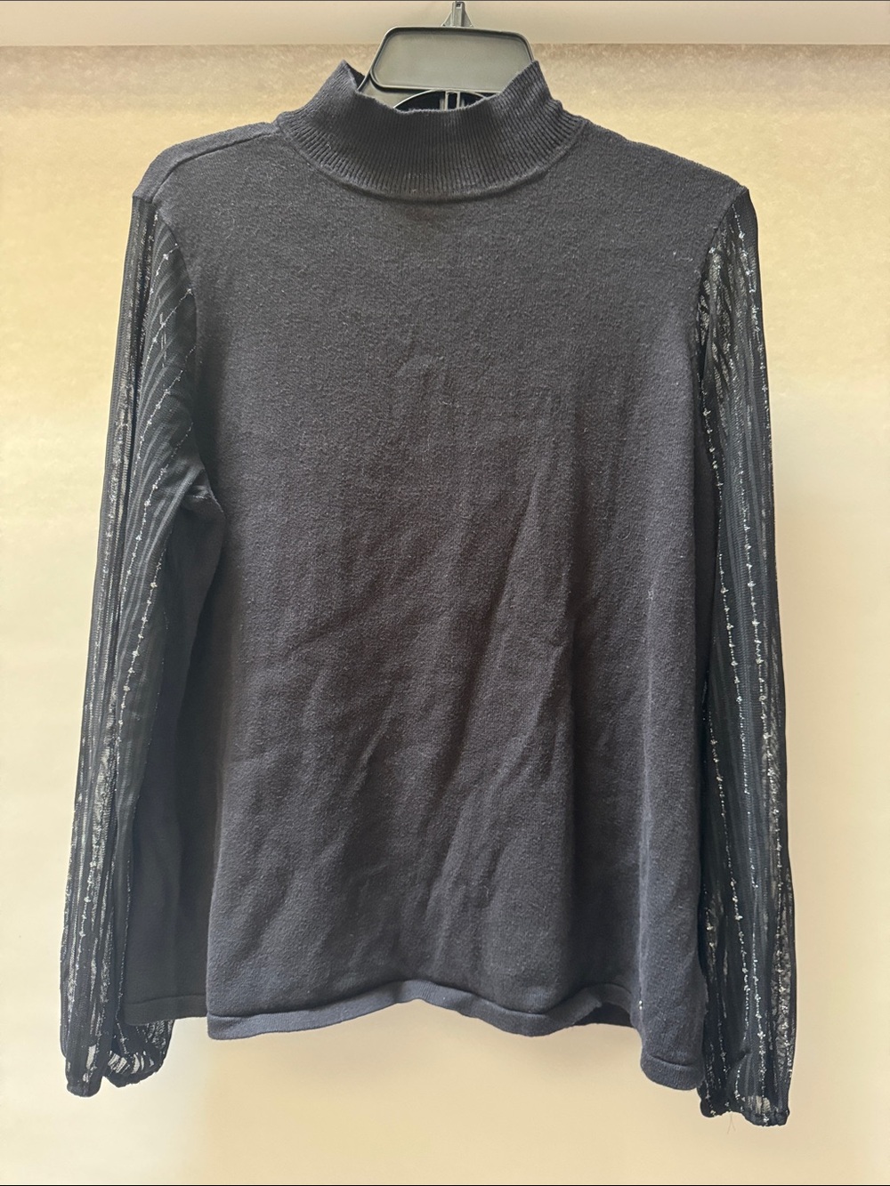 Anne Klein Black Mock Neck Top with Sheer Lace Sleeves